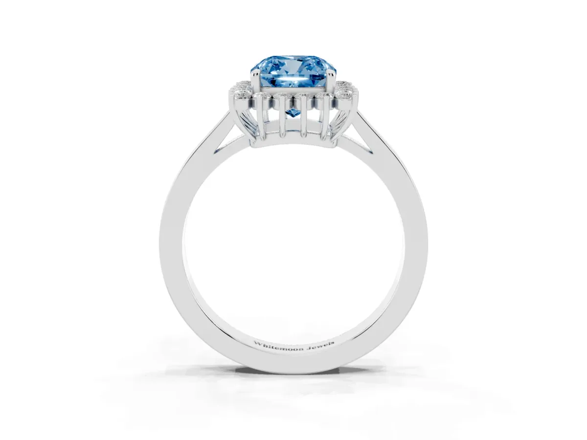 Fancy Blue Cushion Cut Cut Diamond Halo Ring with Round Brilliant Halo and Solitaire Band Silver
