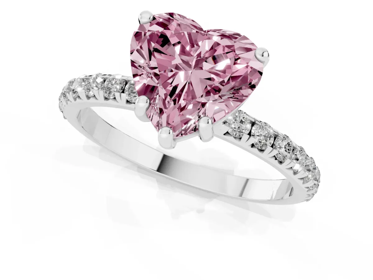 Fancy Pink Heart Cut Cut Diamond Solitaire Ring with Micro Pave Band and Four Prong Setting Platinum