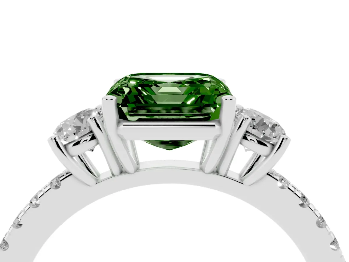 Fancy Green Three-Stone Asscher Cut Cut Diamond Pavé Band with Prong Setting Silver