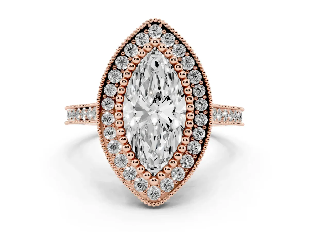 Marquise Cut Diamond Halo Ring with Milgrain Frame and Pavé Band Rose gold