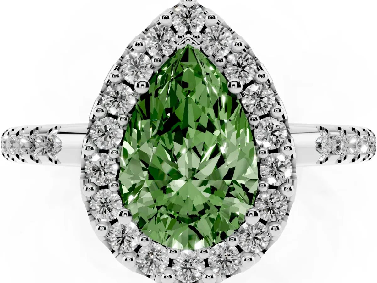Fancy Green Pear Cut Diamond Pavé Halo Ring with Four-Prong Setting Platinum