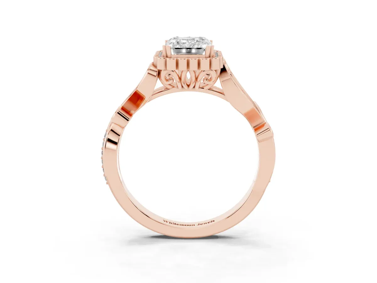 Emerald Cut Diamond Halo Ring with Vintage Split Shank and Four-Prong Setting Rose gold