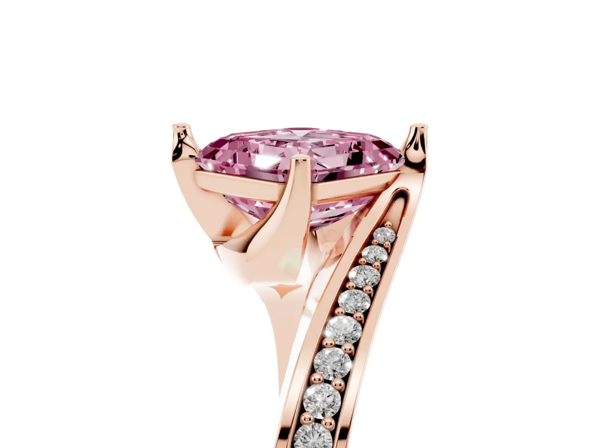 Fancy Pink Asscher Cut Solitaire Diamond Twist Band with Pavé Setting and Four-Prong Setting Rose gold