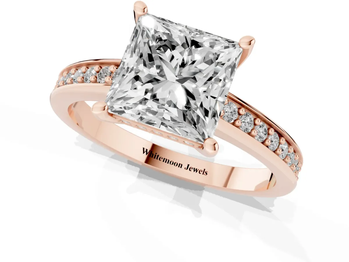 Princess Cut Solitaire Pavé Band Prong Setting Ring Rose gold