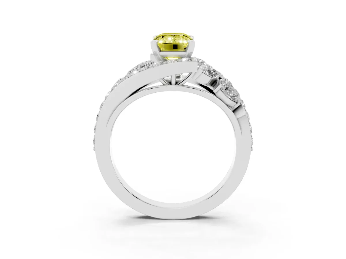Fancy Yellow Emerald Cut Diamond Halo Ring with Marquise and Pavé Band in Prong Setting Platinum