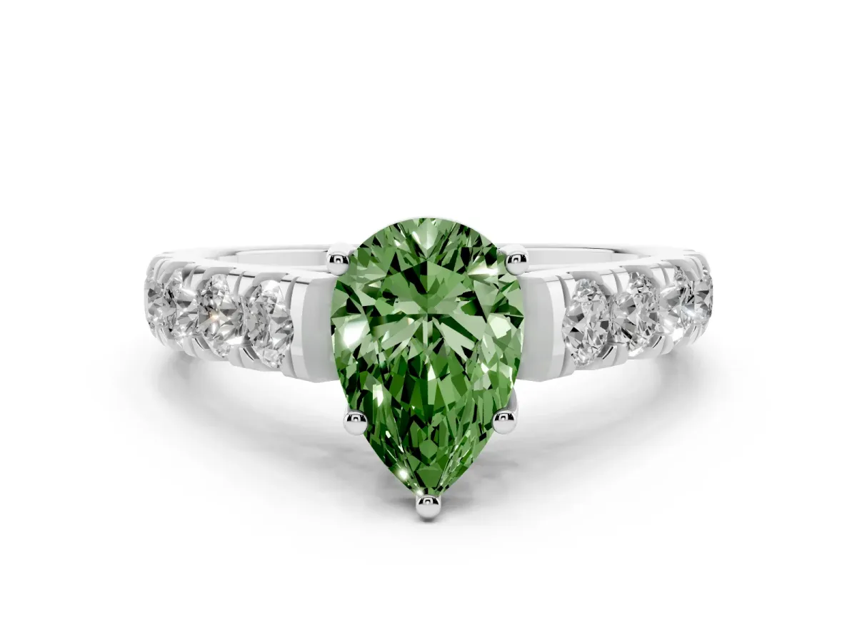 Fancy Green Pear Cut Cut Diamond Solitaire Ring with Micro Pave Band and Prong Setting Platinum