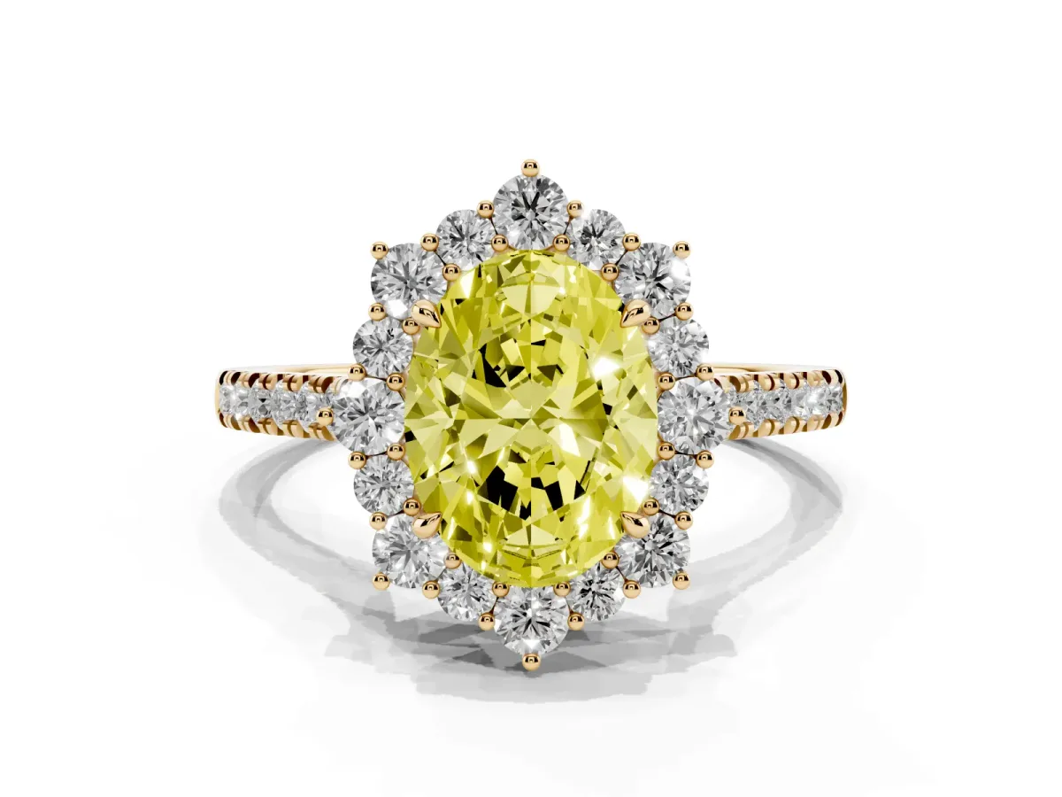 Fancy Yellow Oval Cut Halo Diamond Ring with Pavé Band and Prong Setting Yellow gold