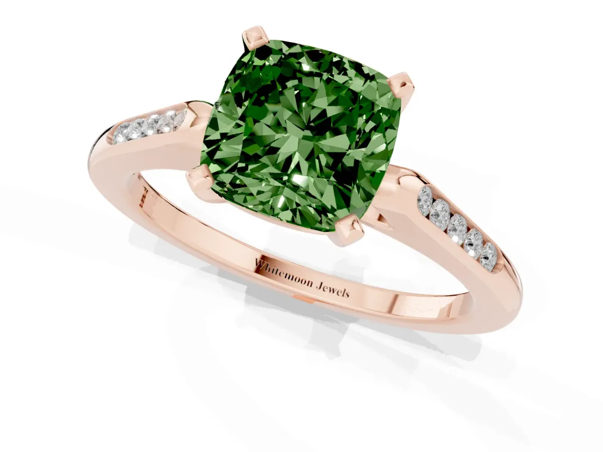 Fancy Green Cushion Cut Diamond Solitaire Ring with Channel Set Round Band and Prong Setting Rose gold