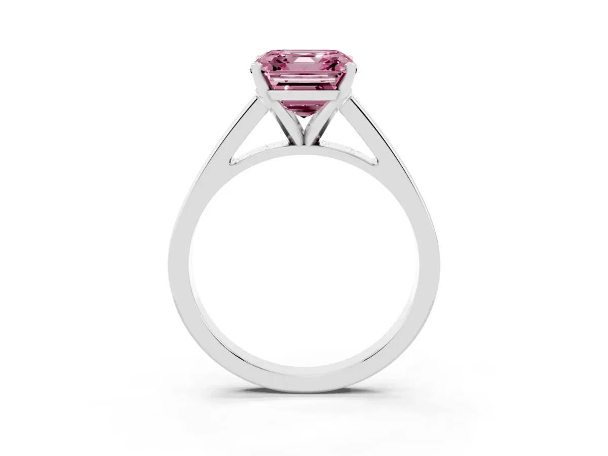 Fancy Pink Asscher Cut Solitaire Engagement Ring with Four-Prong Setting and Tapered Band White gold