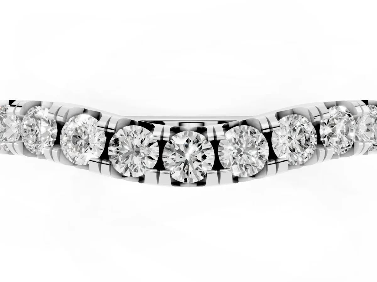 Round Diamond Curved Pavé Wedding Band with Shared Prong Setting Silver