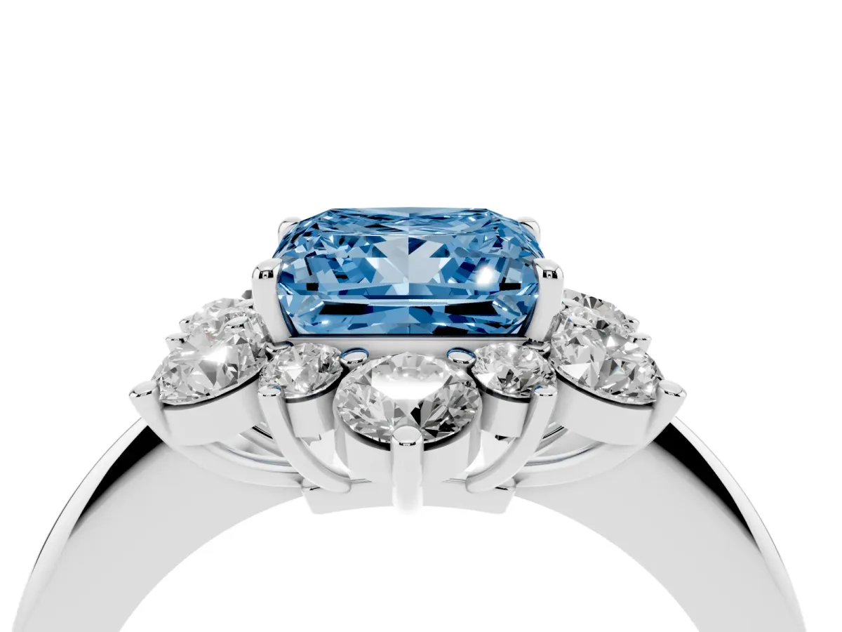 Fancy Blue Princess Cut Diamond Cluster Halo Ring with Solitaire Band and Four-Prong Setting White gold