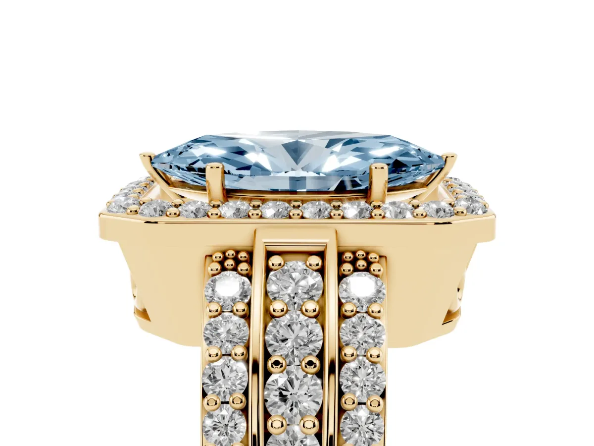 Fancy Blue Marquise Cut Halo Diamond Ring with Round Split Shank and Prong Setting Yellow gold