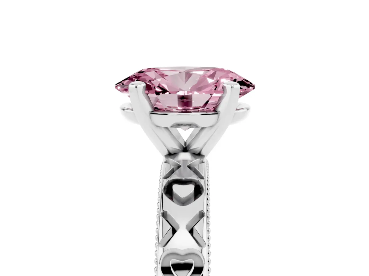 Fancy Pink Oval Cut Solitaire Diamond Engagement Ring with XO Engraved Band and Four-Prong Setting Platinum