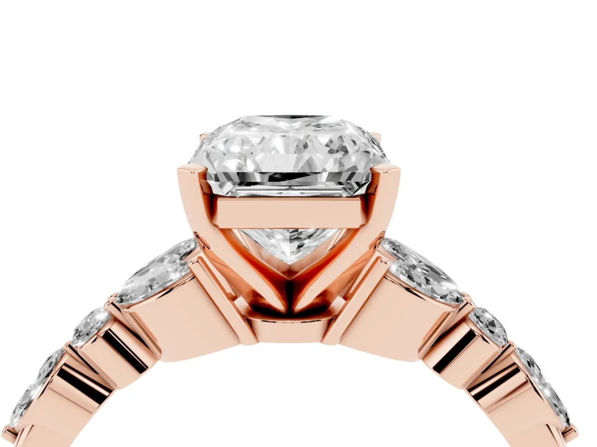Radiant Cut Diamond Solitaire Ring with Side Stones and Four-Prong Setting Rose gold