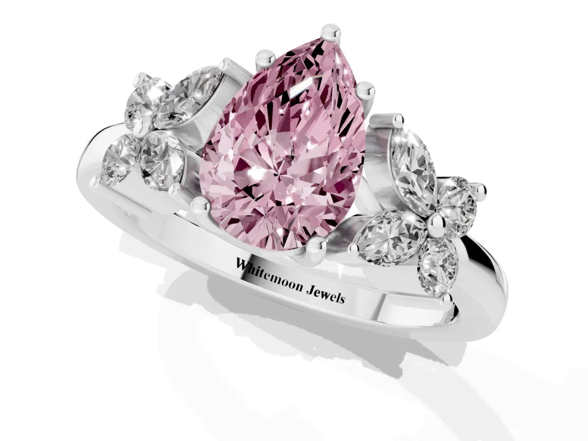 Fancy Pink Pear Cut Diamond Floral Cluster Ring with Solitaire Band and Prong Setting White gold