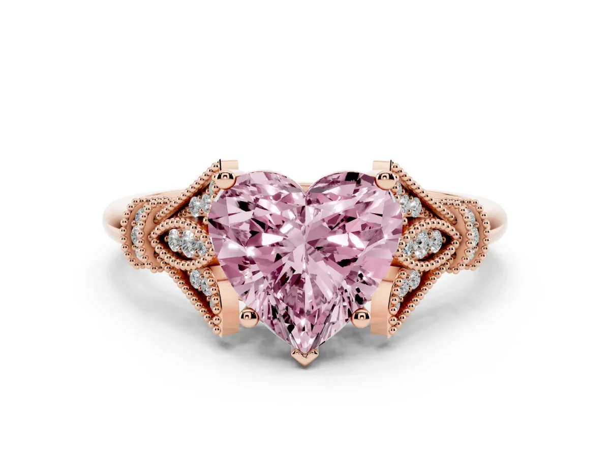 Fancy Pink Heart Cut Diamond Solitaire Ring with Floral Filigree and Pave Accents Rose gold
