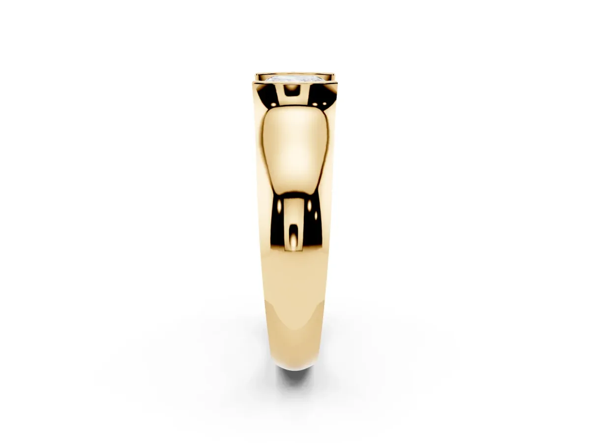 Cushion Cut Solitaire Bezel Set Diamond Ring with Wide Band Yellow gold