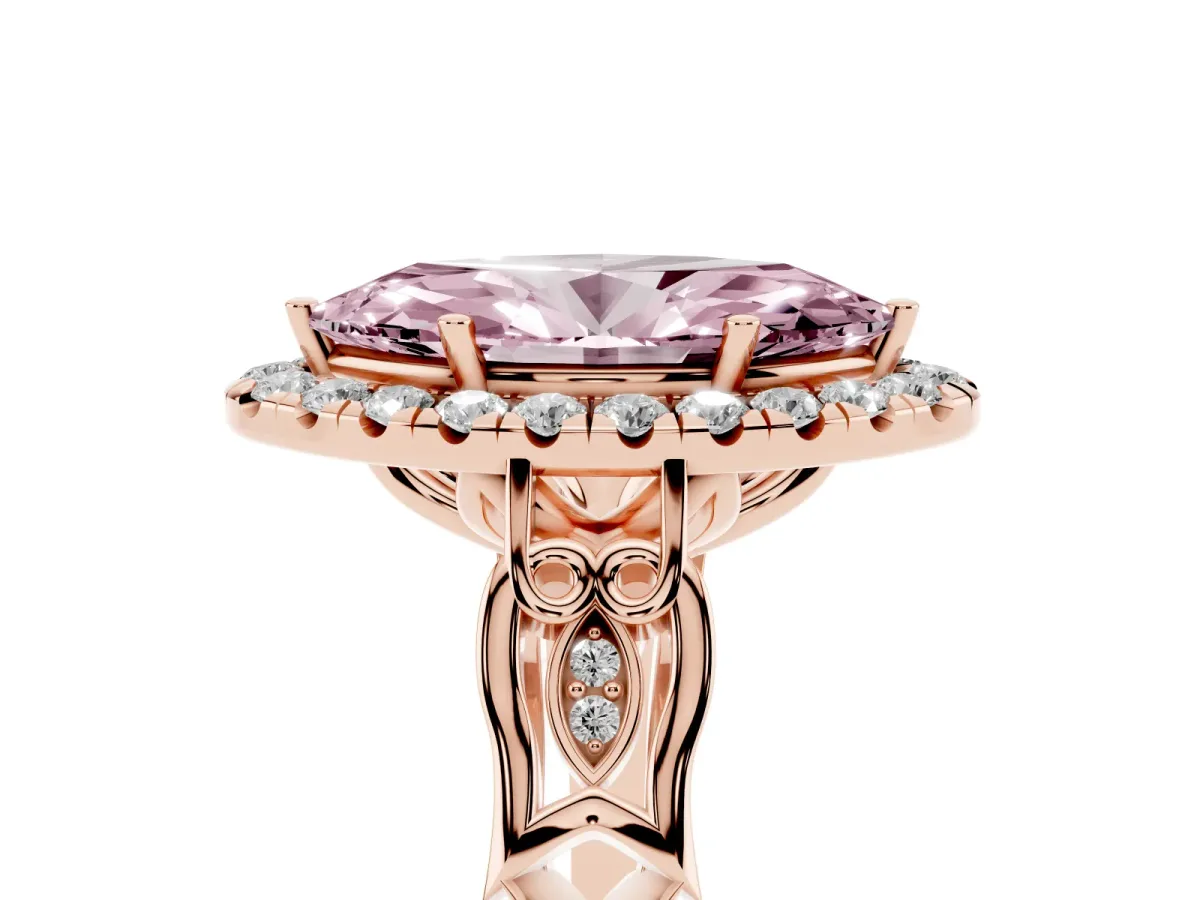 Fancy Pink Marquise Cut Halo Diamond Engagement Ring with Filigree Band and Four-Prong Setting Rose gold