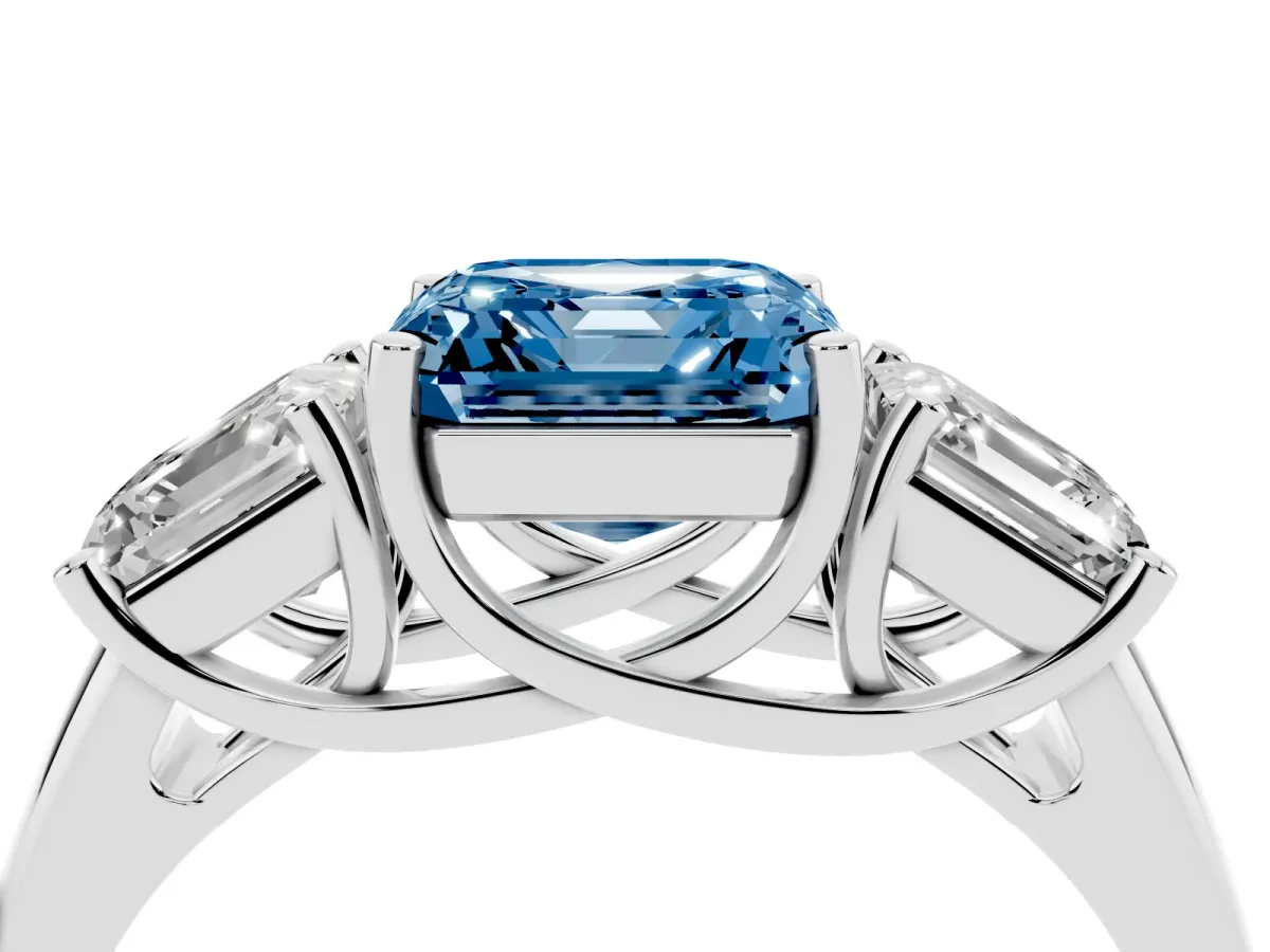 Fancy Blue Three-Stone Asscher Cut Diamond Engagement Ring with Prong Setting Silver