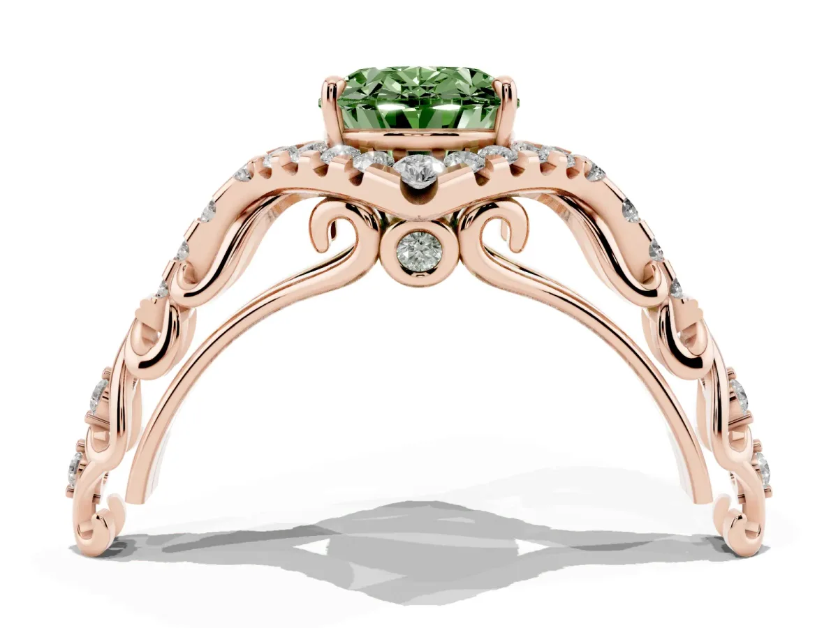 Fancy Green Oval Cut Diamond Solitaire Ring with Hidden Halo and Pavé Band Rose gold
