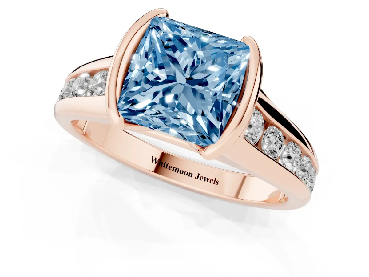 Fancy Blue Princess Cut Solitaire Bezel-Set Diamond Ring with Channel-Set Band Rose gold