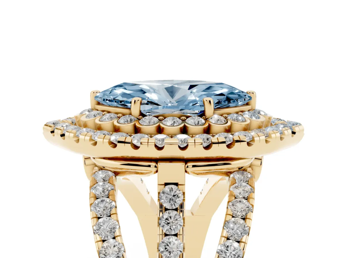 Fancy Blue Marquise Cut Diamond Double Halo Ring with Round Pavé Split Shank and Prong Setting Yellow gold