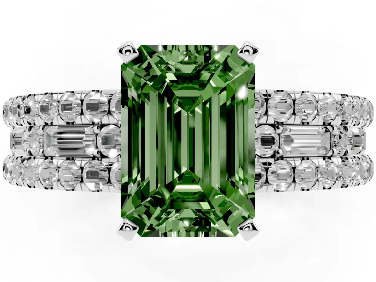 Fancy Green Emerald Cut Diamond Solitaire Ring with Pavé and Channel Set Band Silver