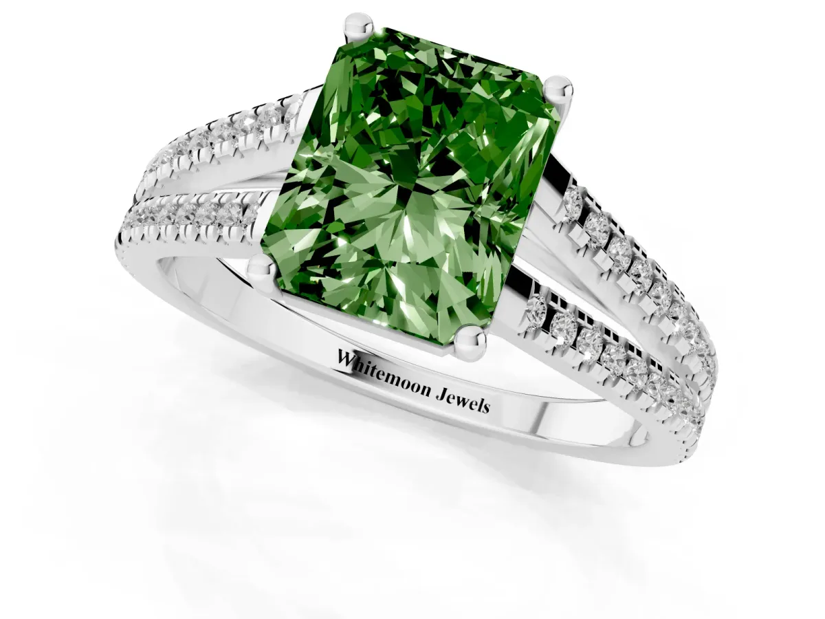 Fancy Green Radiant Cut Diamond Solitaire Engagement Ring with Split Shank Pavé Band Silver