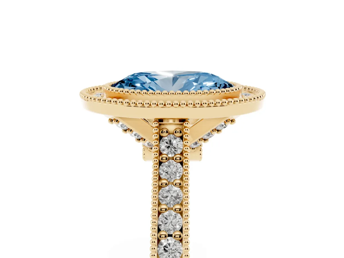 Fancy Blue Halo Oval Cut-Cut Diamond Pave Band Milgrain Prong Setting Ring Yellow gold
