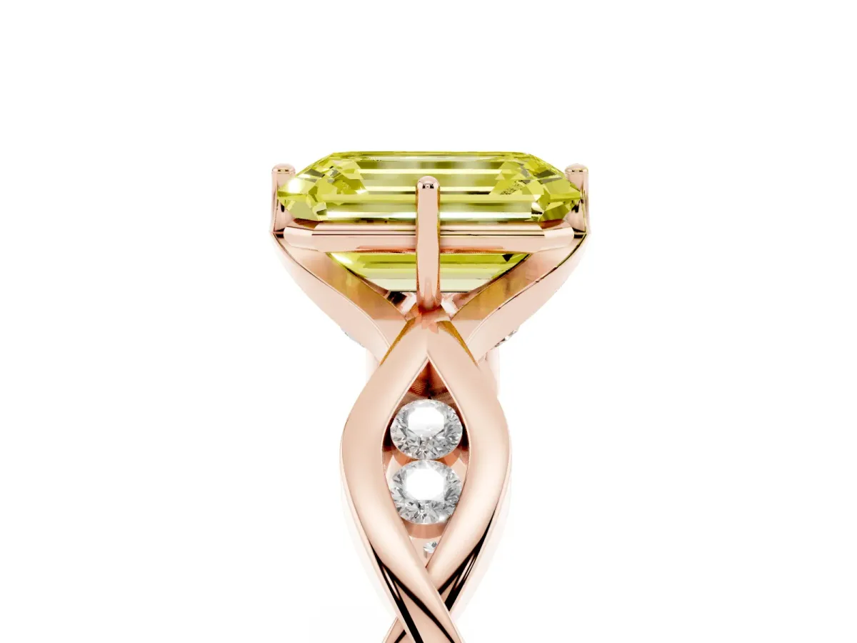 Fancy Yellow Emerald Cut Solitaire Twist Band with Leaf Prong Setting Rose gold