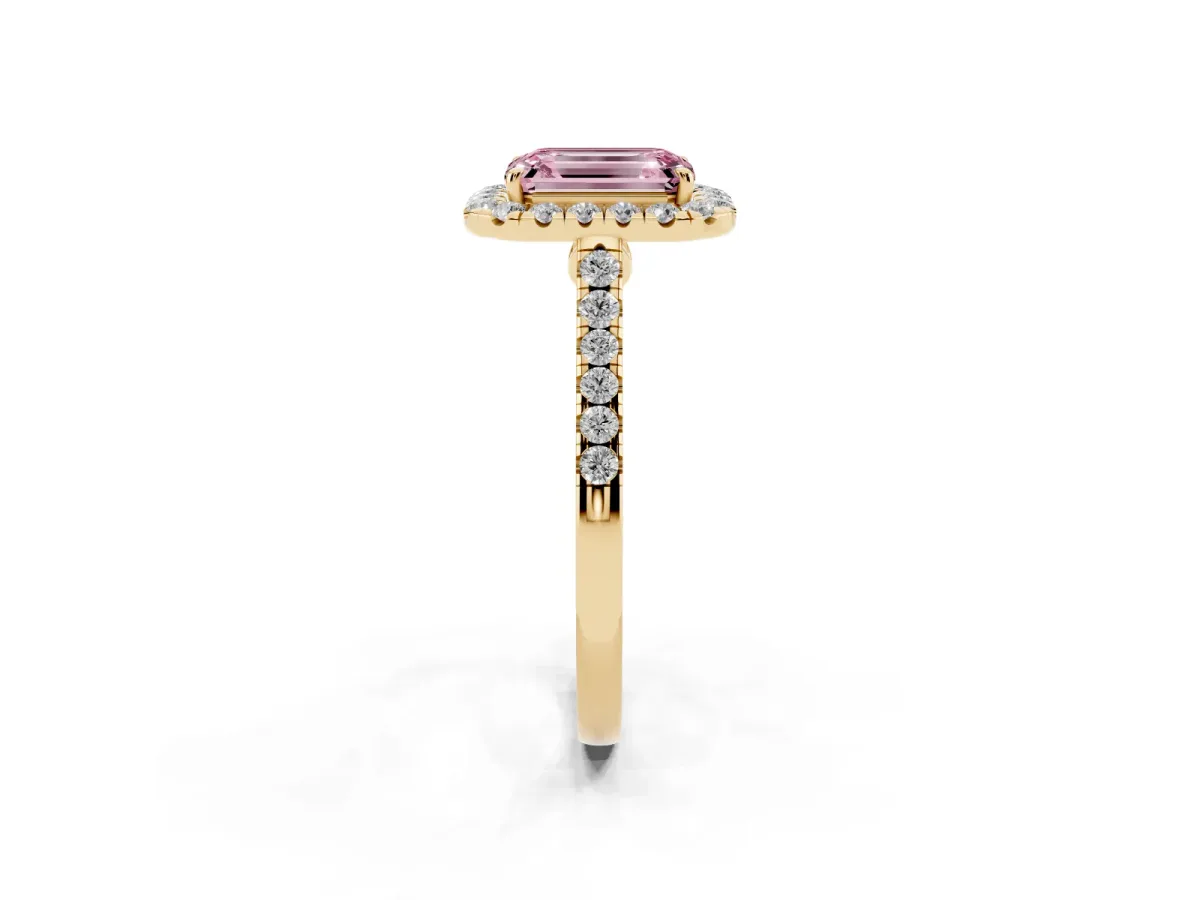 Fancy Pink Emerald Cut Halo Pave Diamond Engagement Ring with Four-Prong Setting Yellow gold