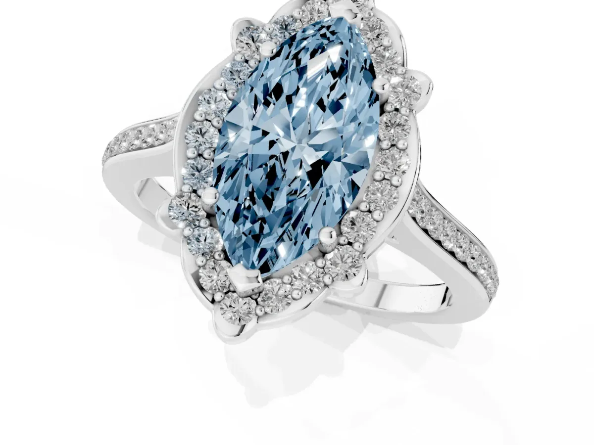 Fancy Blue Marquise Cut Halo Round Diamond Pave Band with Four-Prong Setting White gold