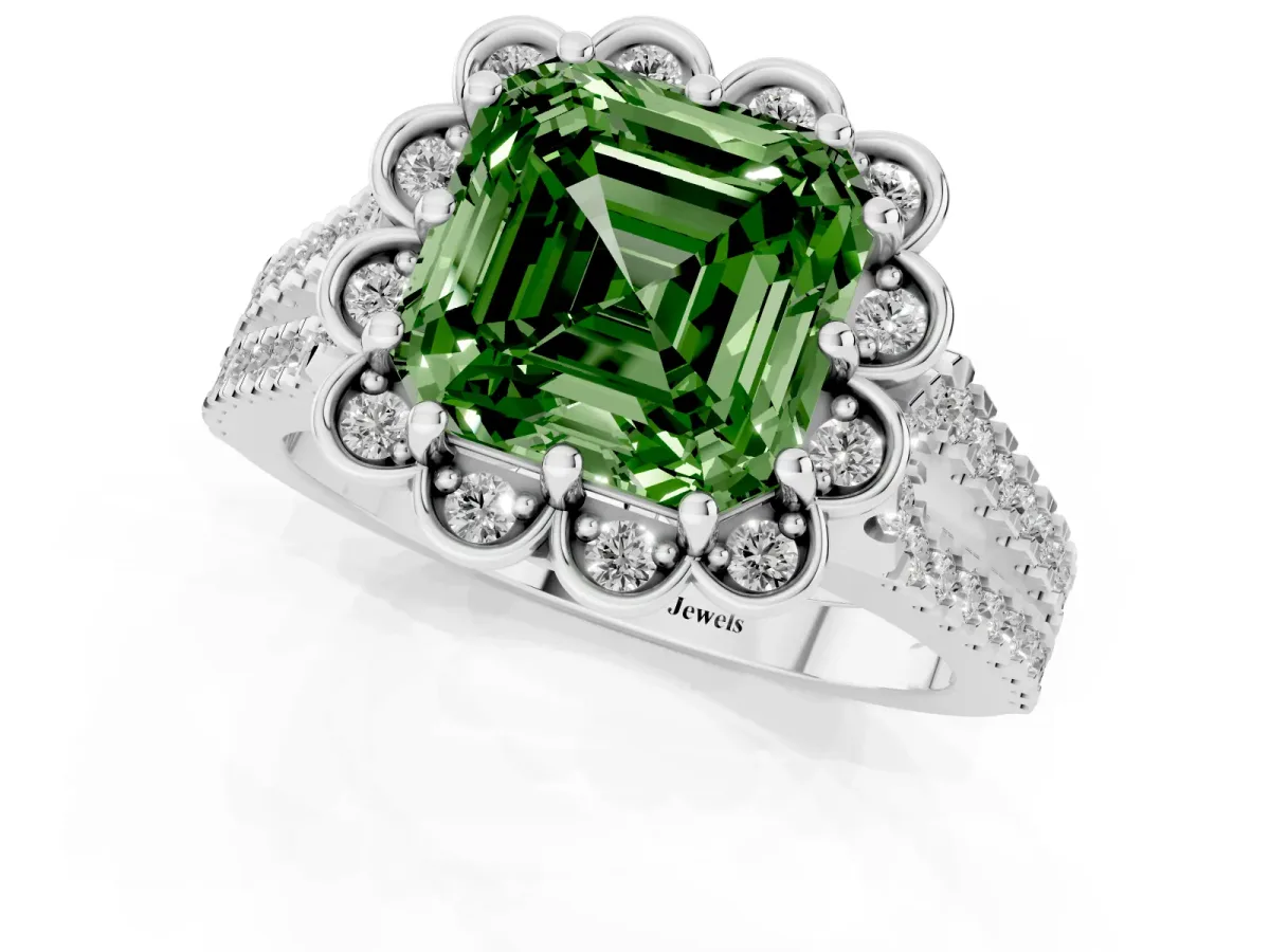 Fancy Green Asscher Cut Halo Diamond Floral Split Shank Engagement Ring Silver
