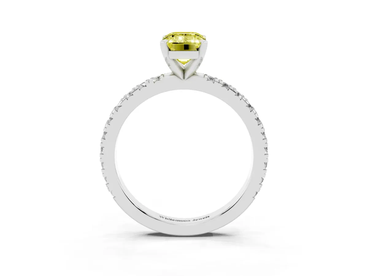 Fancy Yellow Emerald Cut Diamond Pavé Band Solitaire with Four-Prong Setting Silver