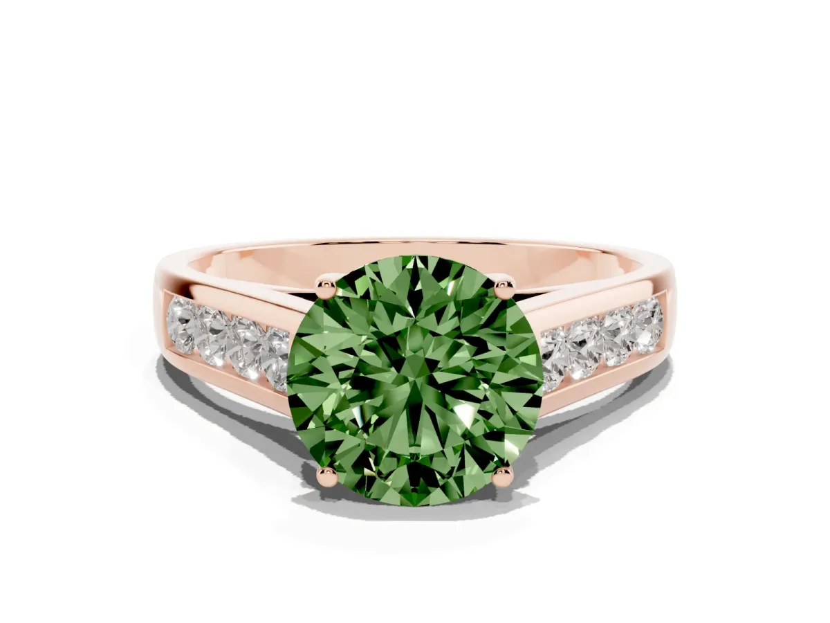 Fancy Green Round Cut Solitaire Channel-Set Diamond Engagement Ring with Four-Prong Setting Rose gold