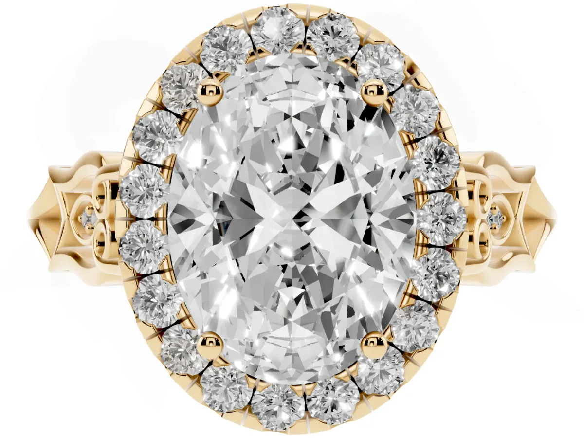 Oval Cut Halo Diamond Engagement Ring with Filigree Band and Four-Prong Setting Yellow gold