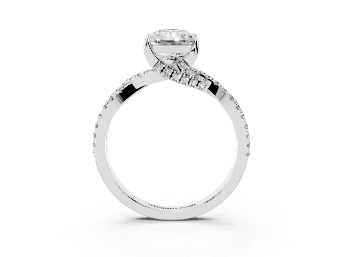Radiant Cut Solitaire Twist Pave Diamond Engagement Ring with Prong Setting Silver