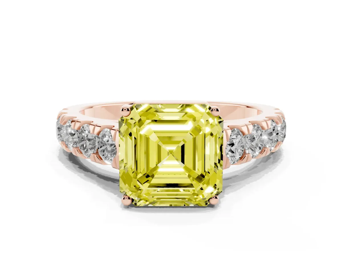 Fancy Yellow Asscher Cut Cut Diamond Solitaire Ring with Micro Pave Band and Prong Setting Rose gold