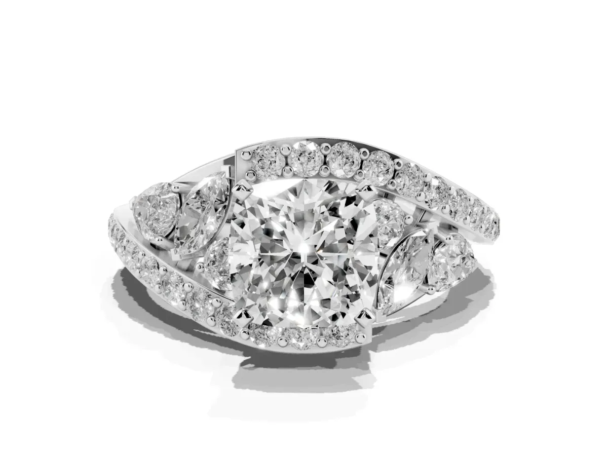 Cushion Cut Diamond Halo Ring with Marquise and Pavé Band in Prong Setting Silver