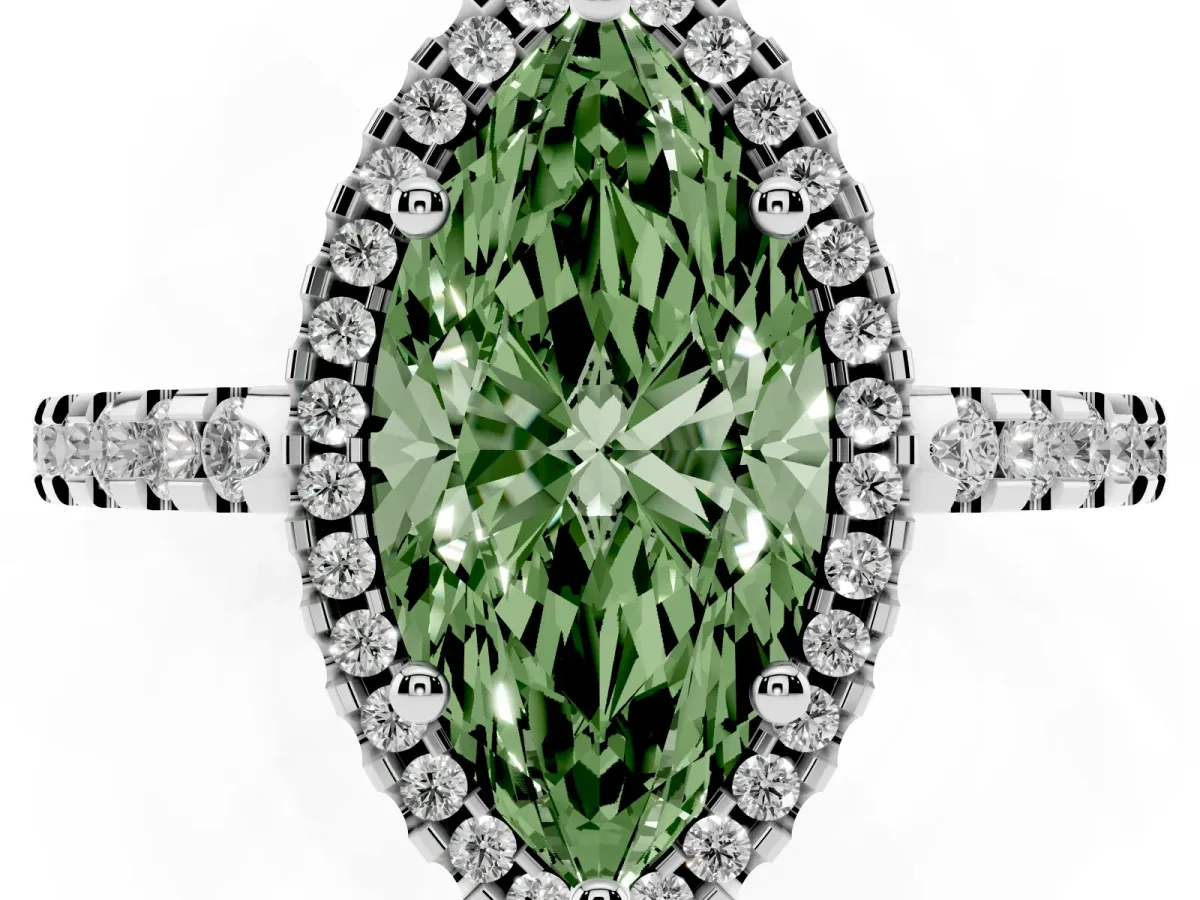 Fancy Green Marquise Cut Diamond Halo Engagement Ring with Pavé Band and Prong Setting Silver