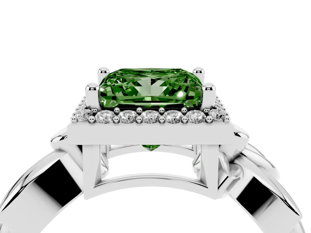 Fancy Green Princess Cut Halo Diamond Floral Band with Four-Prong Setting Silver