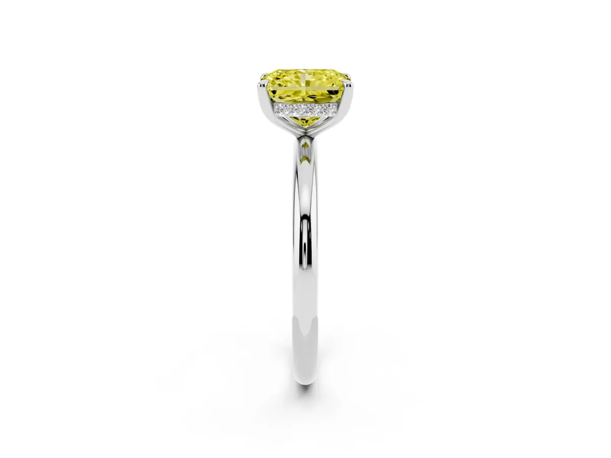 Fancy Yellow Radiant Cut Diamond Solitaire Ring with Thin Band and Four-Prong Setting Platinum