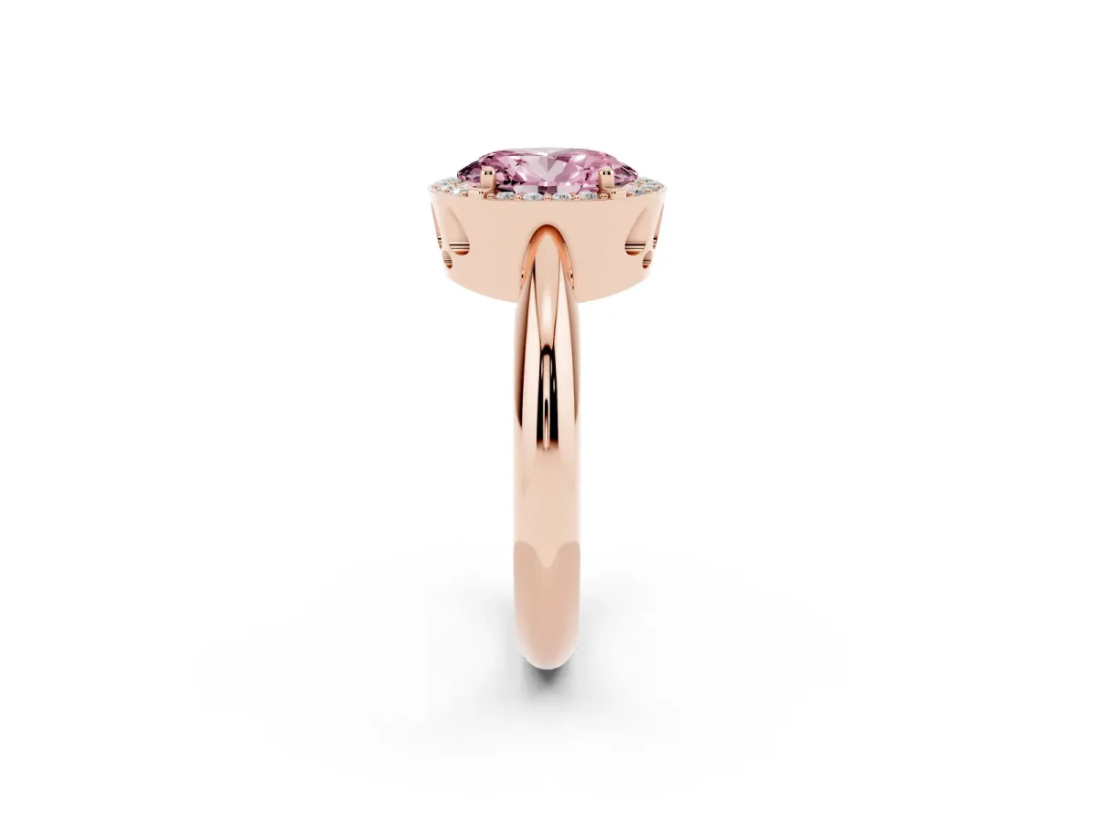 Fancy Pink Oval Cut Cut Diamond Halo Engagement Ring with Split Shank and Four-Prong Setting Rose gold