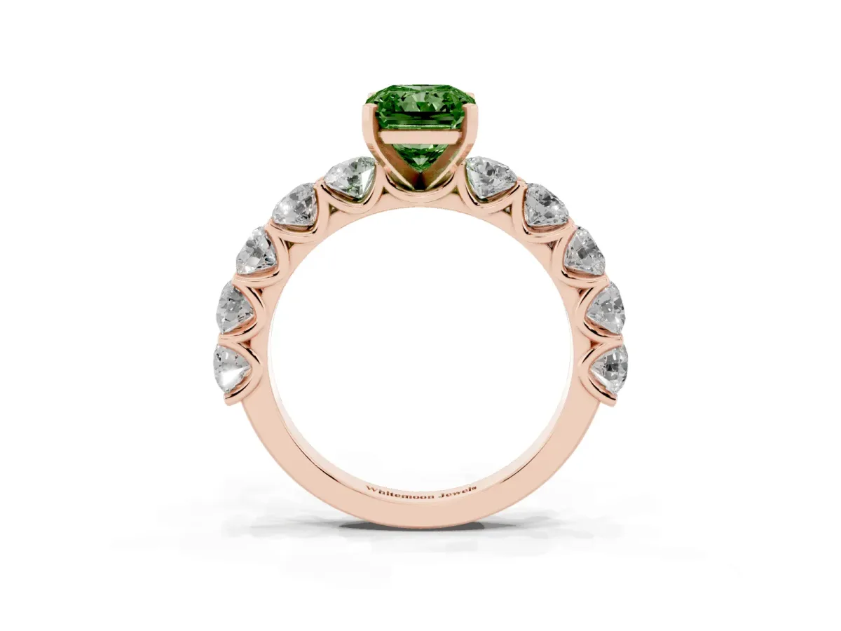 Fancy Green Radiant Cut Diamond Prong Setting with Side Stones on a Pave Band Rose gold