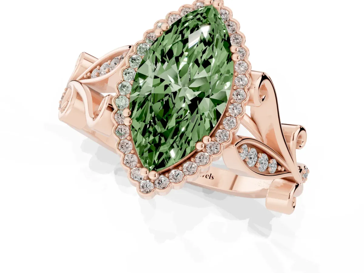 Fancy Green Marquise Cut Diamond Halo Ring with Vintage Split Shank and Four-Prong Setting Rose gold