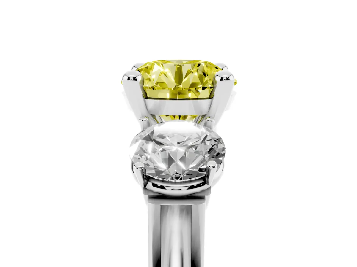 Fancy Yellow Three-Stone Round Cut Brilliant Diamond Trellis Ring with Comfort Fit Band White gold