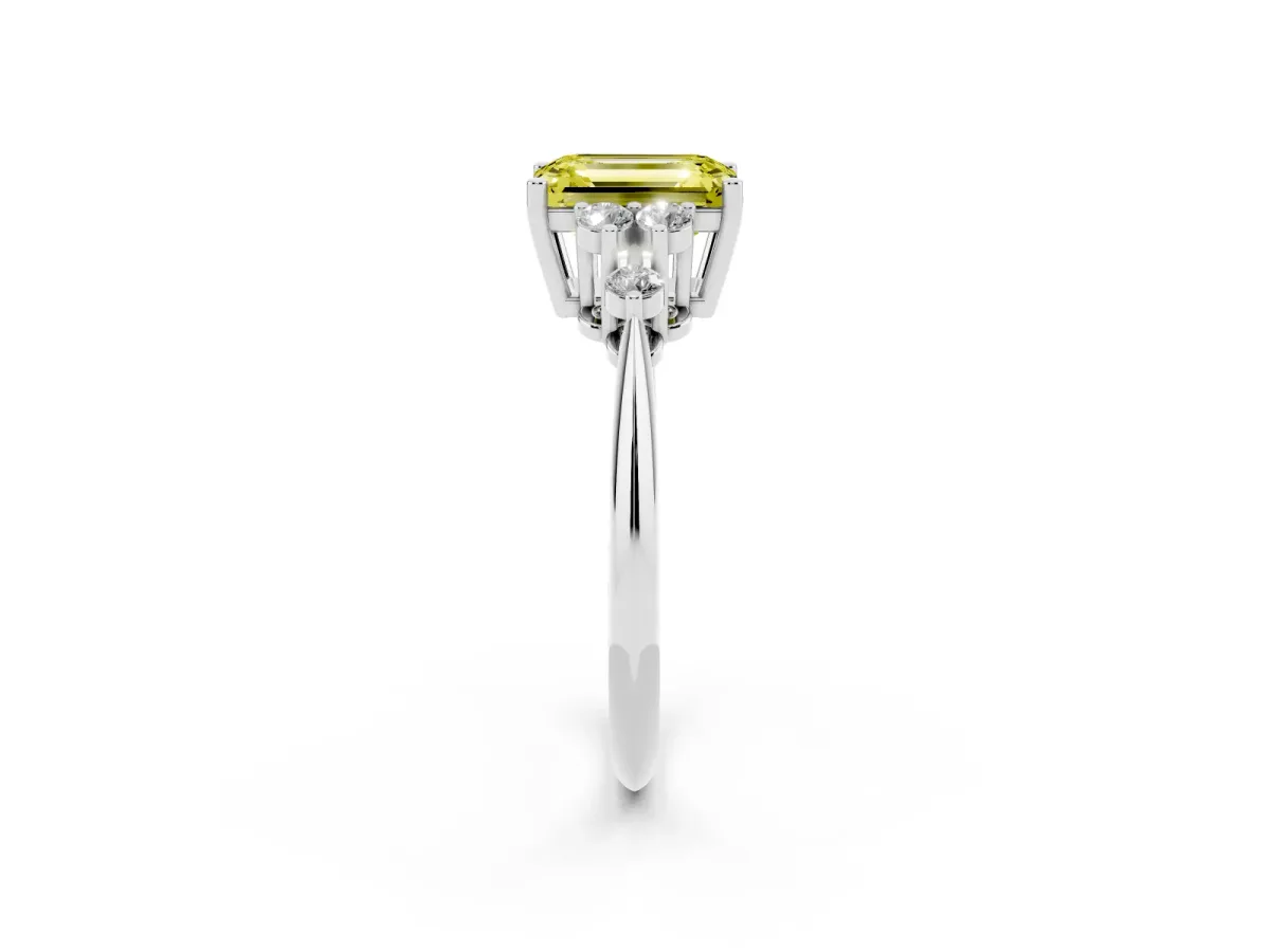 Fancy Yellow Emerald Cut Cut Diamond Cluster Ring with Solitaire Band and Four-Prong Setting Platinum