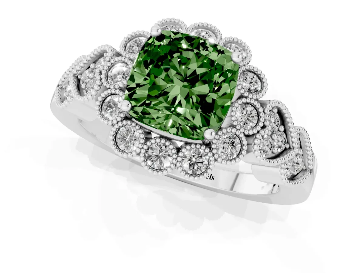 Fancy Green Cushion Cut Brilliant Milgrain Pave Heart Band Solitaire Ring Silver