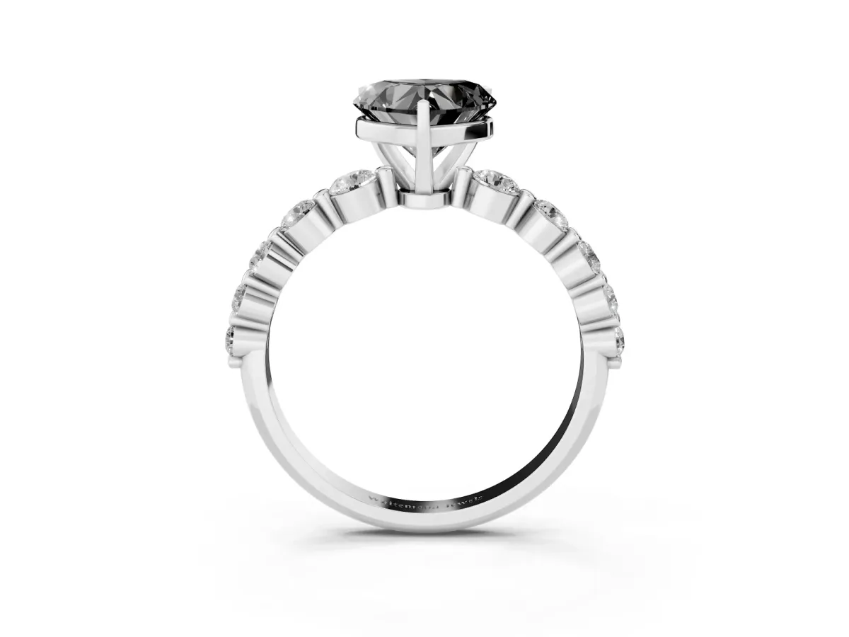 Fancy Black Heart Cut Solitaire Diamond Ring with Pave Band and Four-Prong Setting Silver