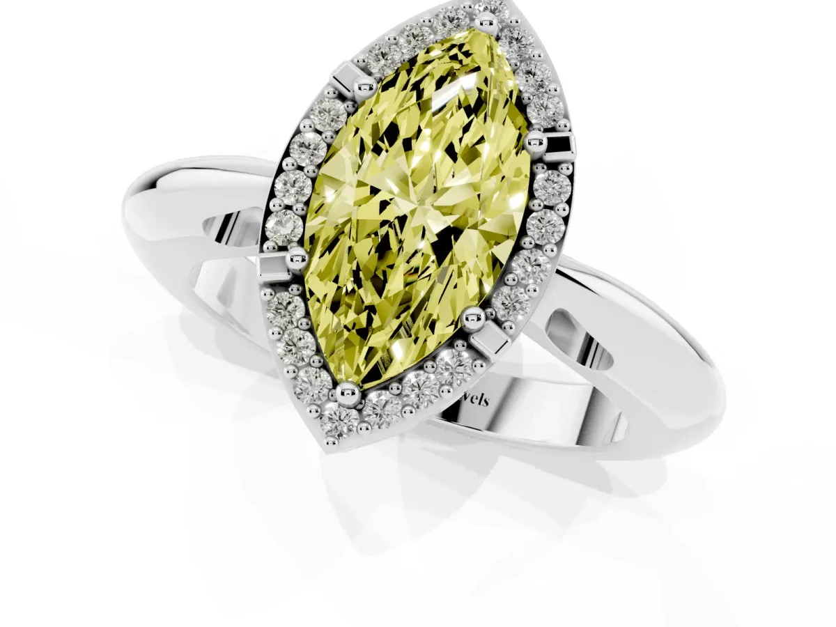 Fancy Yellow Marquise Cut Cut Diamond Halo Engagement Ring with Split Shank and Four-Prong Setting Silver